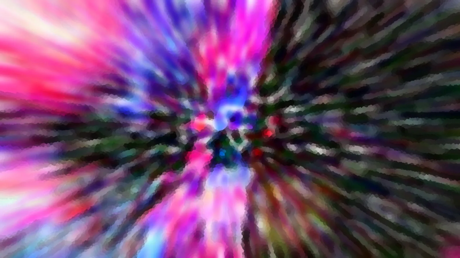Abstrakte Komposition aus pinken, violetten und blauen Farbstreifen, die radial von einem hellen Zentrum nach außen laufen, an den Rändern dunkel und grünlich.