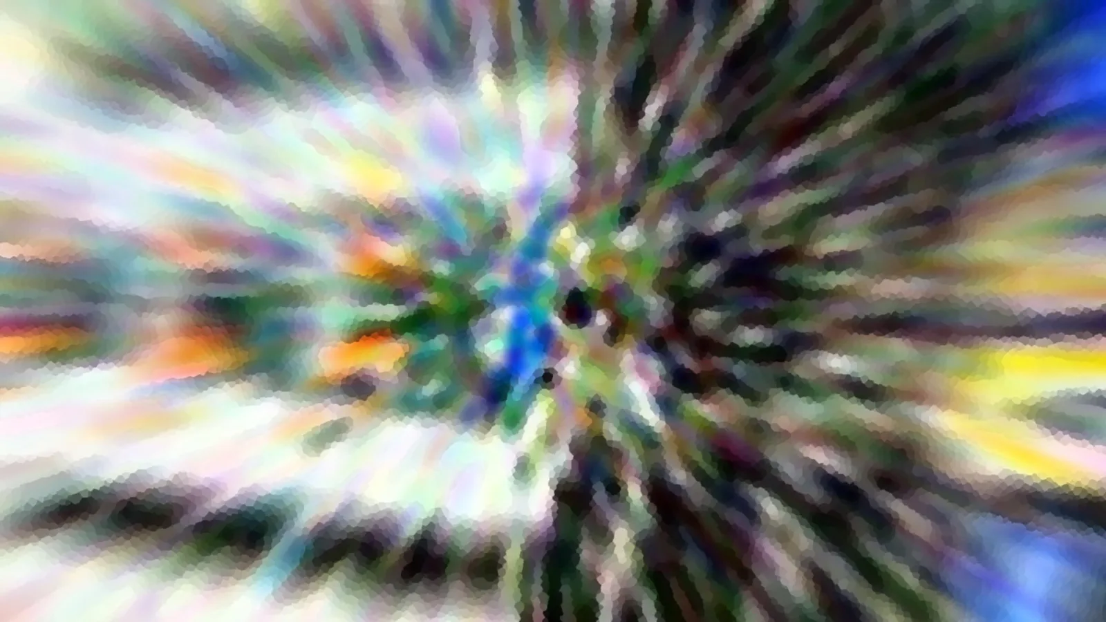 Abstrakte, radial verwischte Farbstrahlen in Blau, Grün, Gelb und Weiß, die von einem hellen Zentrum nach außen laufen.