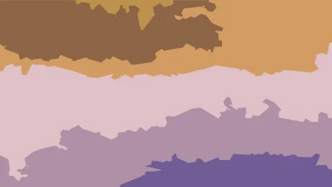 Abstrakte Komposition aus gezackten, übereinanderliegenden Flächen in Ocker, Braun, Rosa und Violett.