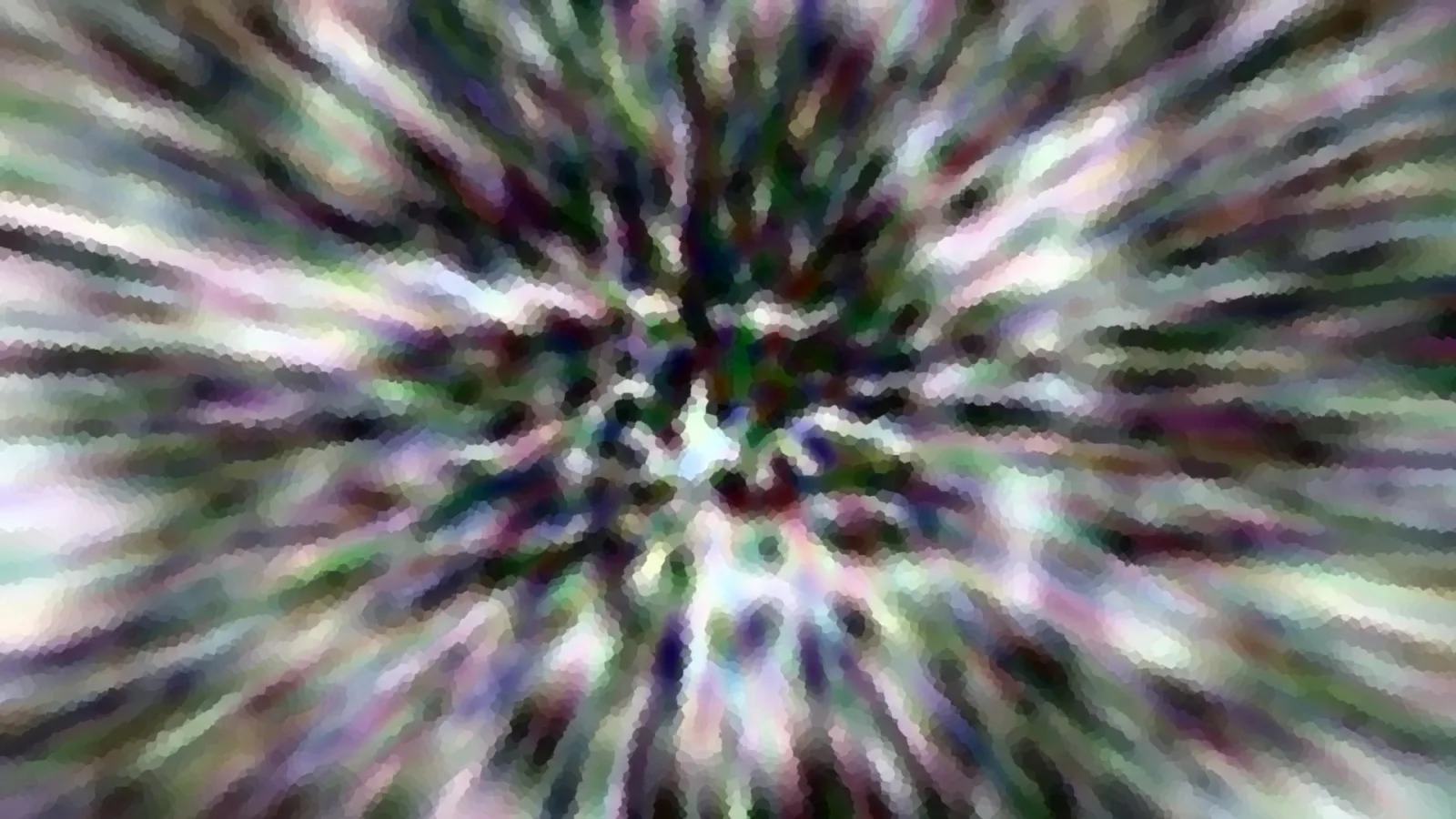 Abstraktes Bild mit radial von der Mitte nach außen verlaufenden, verwischten Streifen in Grün, Violett und Weiß