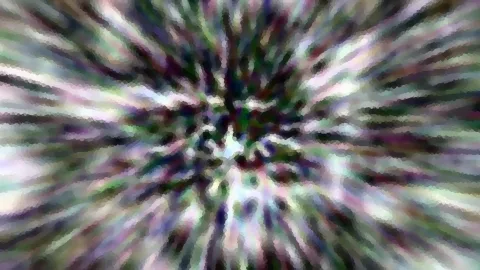 Abstraktes Bild mit radial von der Mitte nach außen verlaufenden, verwischten Streifen in Grün, Violett und Weiß