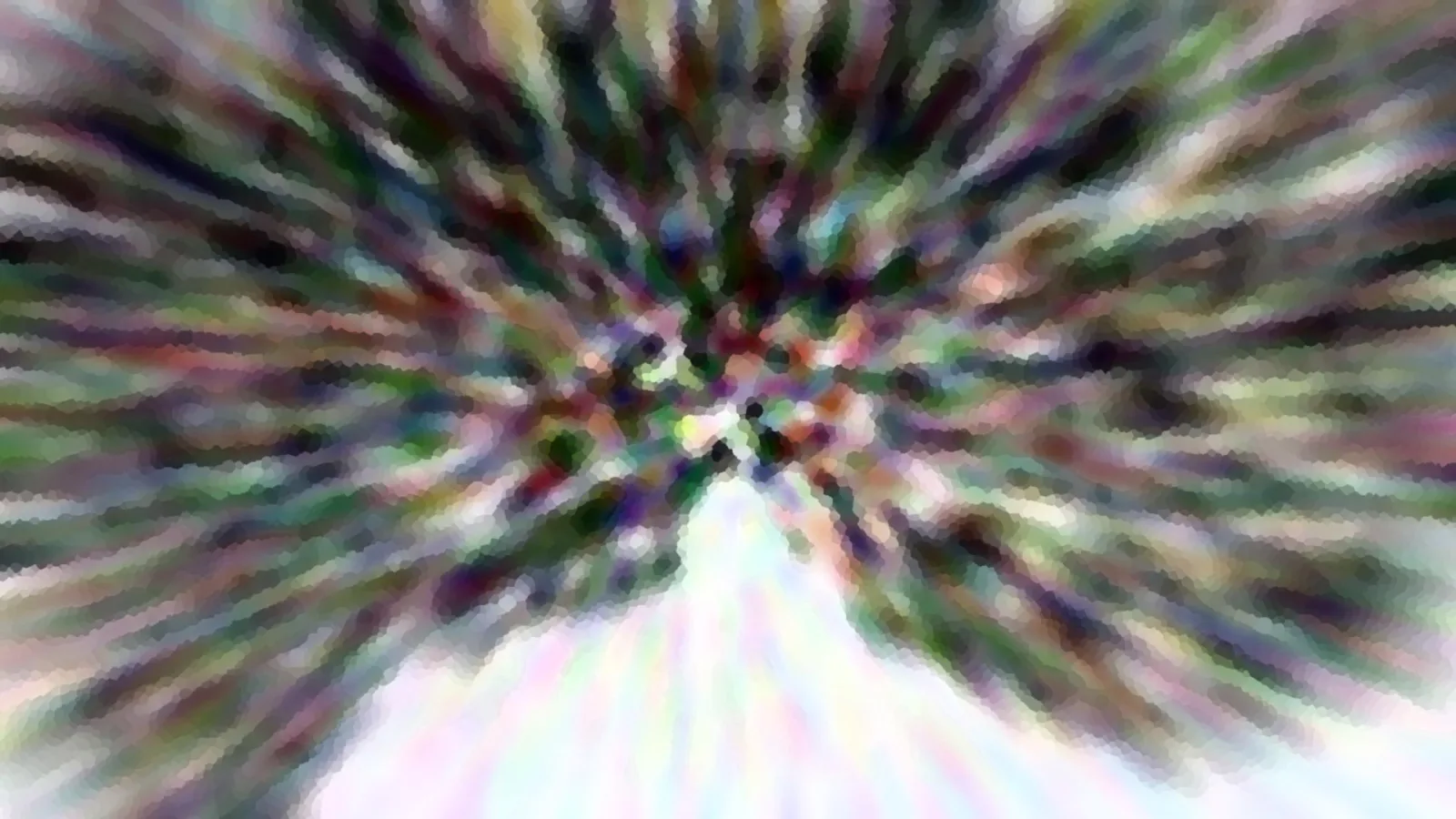 Abstrakte Komposition mit radial von der Mitte nach außen laufenden Farbstrahlen in Grün, Violett und Rosa, unten hell auslaufend.