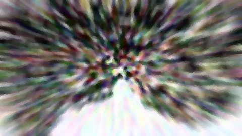 Abstrakte Komposition mit radial von der Mitte nach außen laufenden Farbstrahlen in Grün, Violett und Rosa, unten hell auslaufend.