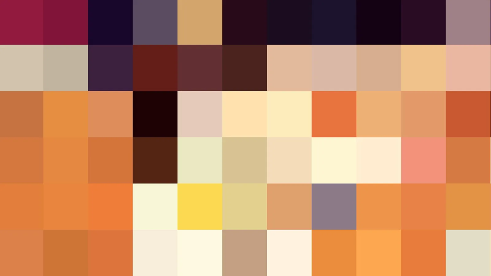 Abstraktes Mosaik aus quadratischen Farbfeldern in Magenta, Braun, Orange, Beige und Gelb.