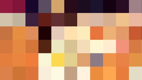 Abstraktes Mosaik aus quadratischen Farbfeldern in Magenta, Braun, Orange, Beige und Gelb.