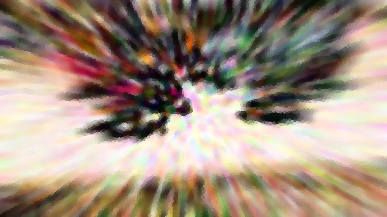 Abstrakte Komposition mit radial auseinanderstrebenden, bunten Farbstreifen und dunklen, verschwommenen Formen in der Mitte.