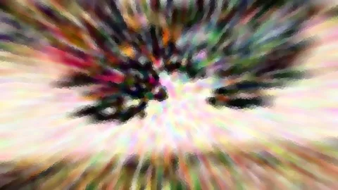 Abstrakte Komposition mit radial auseinanderstrebenden, bunten Farbstreifen und dunklen, verschwommenen Formen in der Mitte.