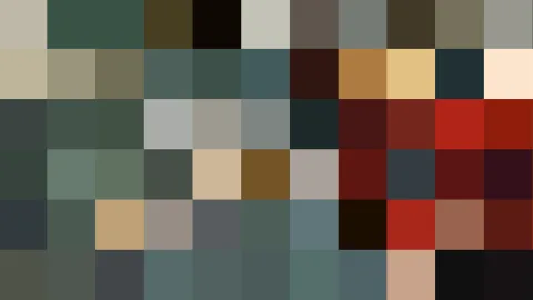 Abstraktes Raster aus farbigen Quadraten in Grün, Rot, Beige und Schwarz, dicht nebeneinander angeordnet.