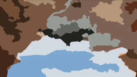 Abstrakte Komposition aus braunen, grauen und schwarzen Flächen mit einer hellblauen, wasserartigen Form am unteren Rand.