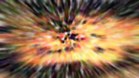 Abstrakte Komposition aus bunten, verwischten Streifen in Gelb, Orange, Grün und Schwarz, die von einem dunklen Zentrum radial nach außen strahlen.