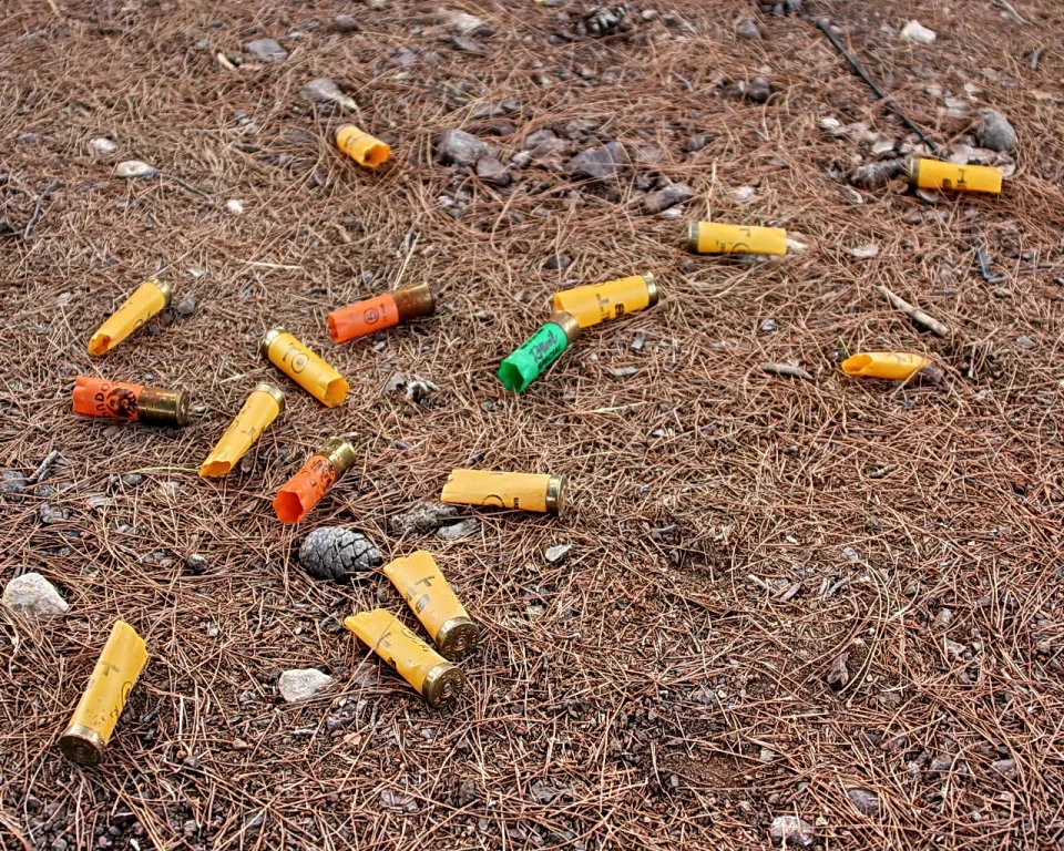 Mehrere leere Schrotpatronenhülsen in Gelb, Orange und Grün liegen verstreut auf braunen Kiefernnadeln, dazwischen graue Steine und ein kleiner Zapfen.