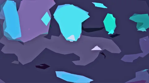Abstrakte Komposition aus flächigen, kantigen Formen in Türkis, Violett und Blau auf dunklem Marineblau.
