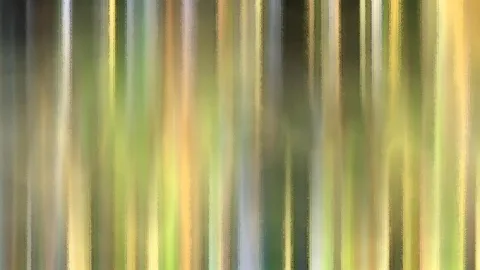 Abstraktes Bild aus senkrechten, verwischten Streifen in Grün, Gelb, Gold und Dunkelgrün, dazwischen helle Silberstreifen.