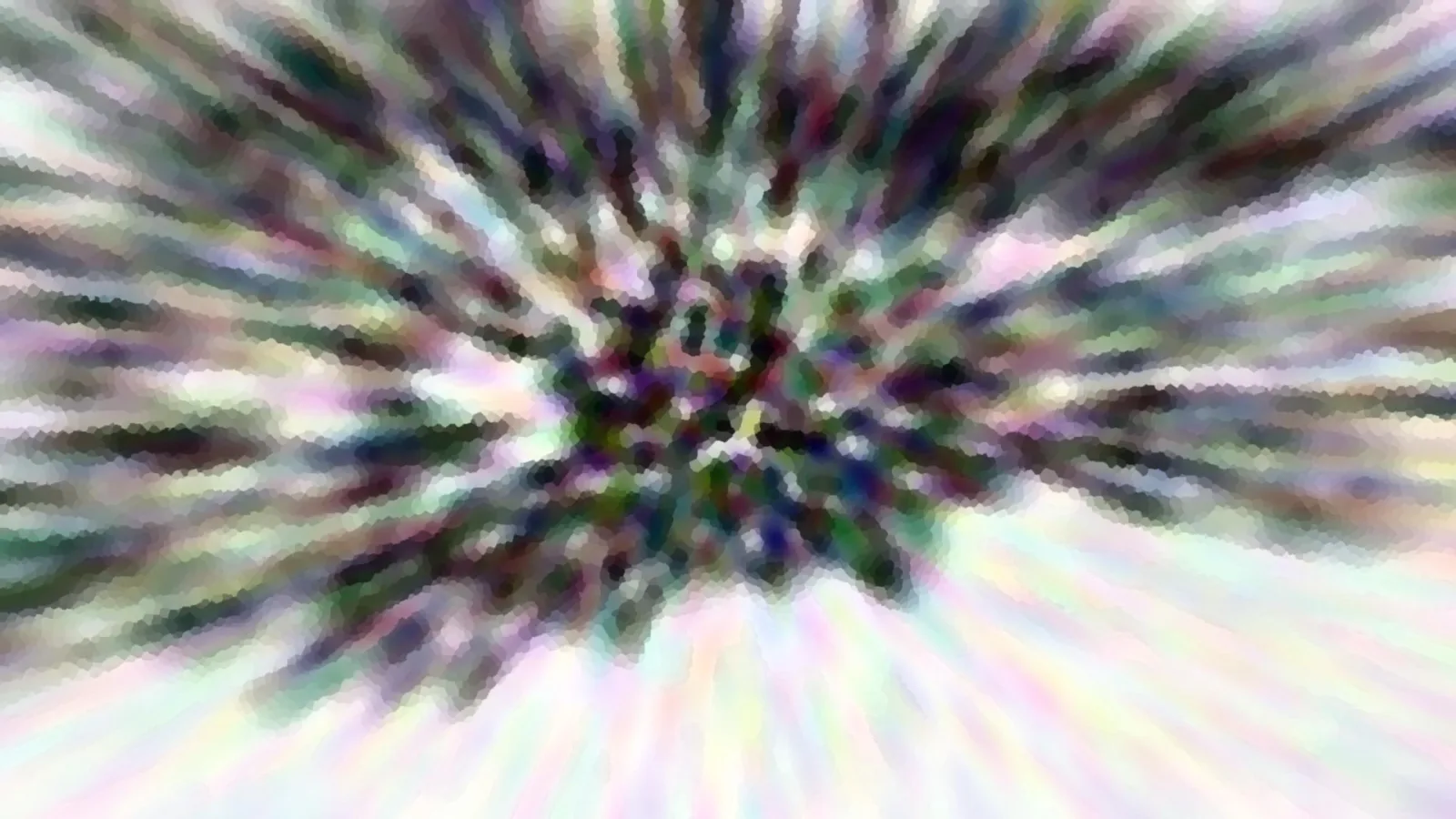 Abstraktes Bild mit bunten Farbstreifen, die von einem dunklen Zentrum radial nach außen laufen, mit weichem, pixeligem Verlauf.