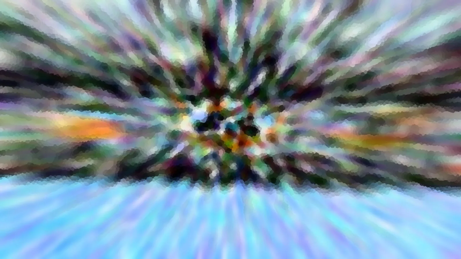 Abstrakte Komposition aus bunten Farbstreifen, die von einem dunklen Zentrum in der Bildmitte radial nach außen laufen, unten ein helles Blau mit feinen Strahlen.