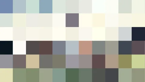Mosaik aus quadratischen Farbfeldern in Pastellblau, Weiß, Creme, Grau, Dunkelblau, Rosa, Olivgrün und Anthrazit, in einem Raster von elf Spalten und sechs Reihen.