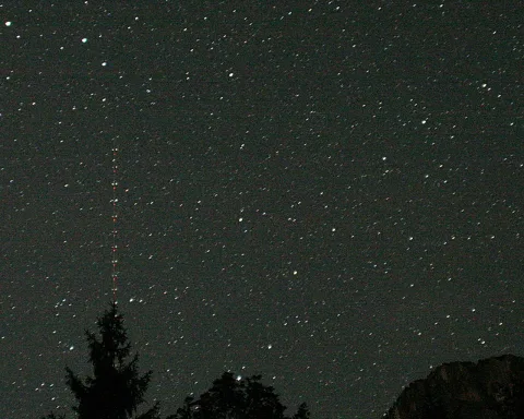 Nachthimmel voller Sterne mit dunklen Baumwipfeln am unteren Bildrand und einer Felskante rechts unten, links verläuft eine dünne, gepunktete Lichtspur senkrecht nach oben.