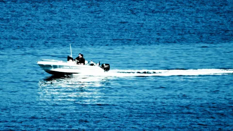 Ein weißes Motorboot mit einer Person am Steuer fährt von links nach rechts über eine blaue, leicht gekräuselte Wasserfläche und hinterlässt eine weiße Heckwelle.