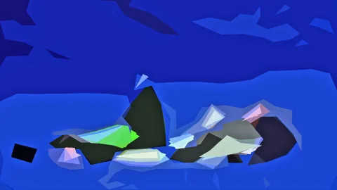 Abstrakte Komposition aus blauen Flächen mit dunklen, grünen und hellen polygonalen Formen in der Bildmitte.