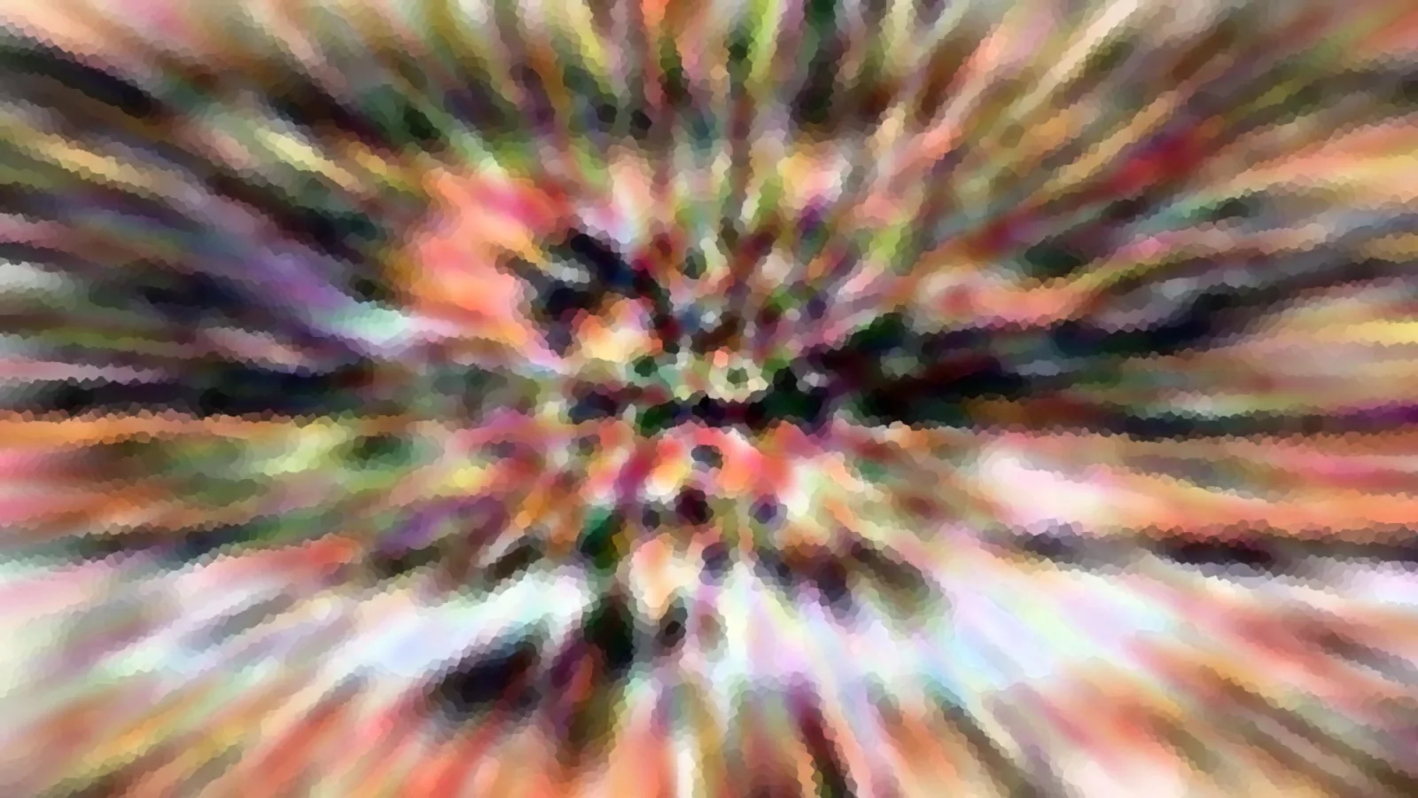 Abstraktes Bild mit radial nach außen laufenden, bunten Streifen und einem dunklen Zentrum, mosaikartig gefleckt.