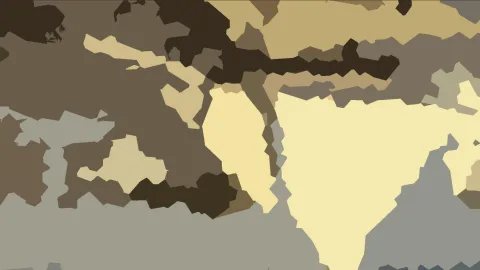 Abstraktes Muster aus unregelmäßig geformten, flachen Flächen in Braun, Beige, Gelb und Grau.