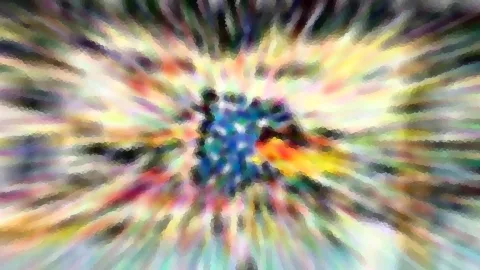 Abstrakte Komposition aus bunten, radial von der Mitte nach außen verlaufenden Streifen mit einem blauen, punktförmigen Zentrum.