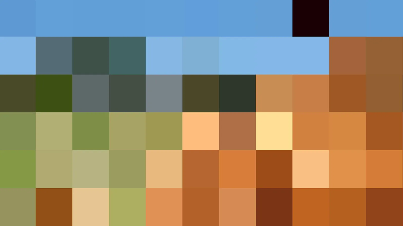 Pixelige Farbblöcke in Blau, Grün, Ocker und Orange, oben blauer Himmel, unten warme Erdtöne