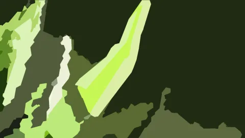 Abstrakte Komposition aus flächigen grünen Formen in verschiedenen Helligkeiten, die sich von einem dunklen Hintergrund abheben.
