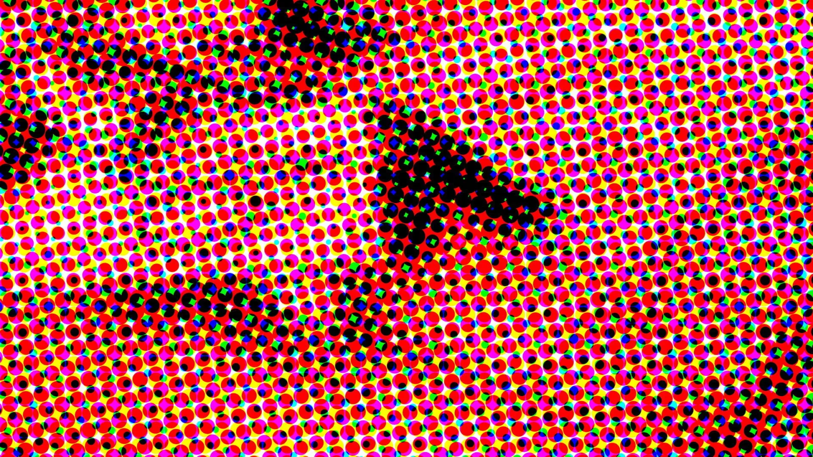 Dichtes Raster aus bunten Punkten in Rot, Gelb, Magenta und Grün auf weißem Grund, durchzogen von dunklen Schlieren.