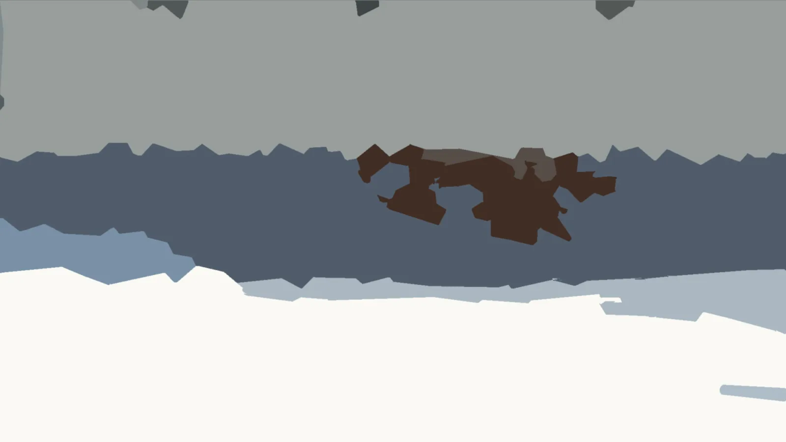 Abstrakte Landschaft in flachen grauen, blauen und weißen Flächen, darüber ein dunkelbrauner, unregelmäßiger Fleck in der Mitte.