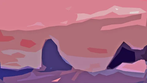 Abstrakte Landschaft aus flachen, kantigen Flächen in Rosa, Violett und Dunkelblau, unten mit dunklen Bögen.