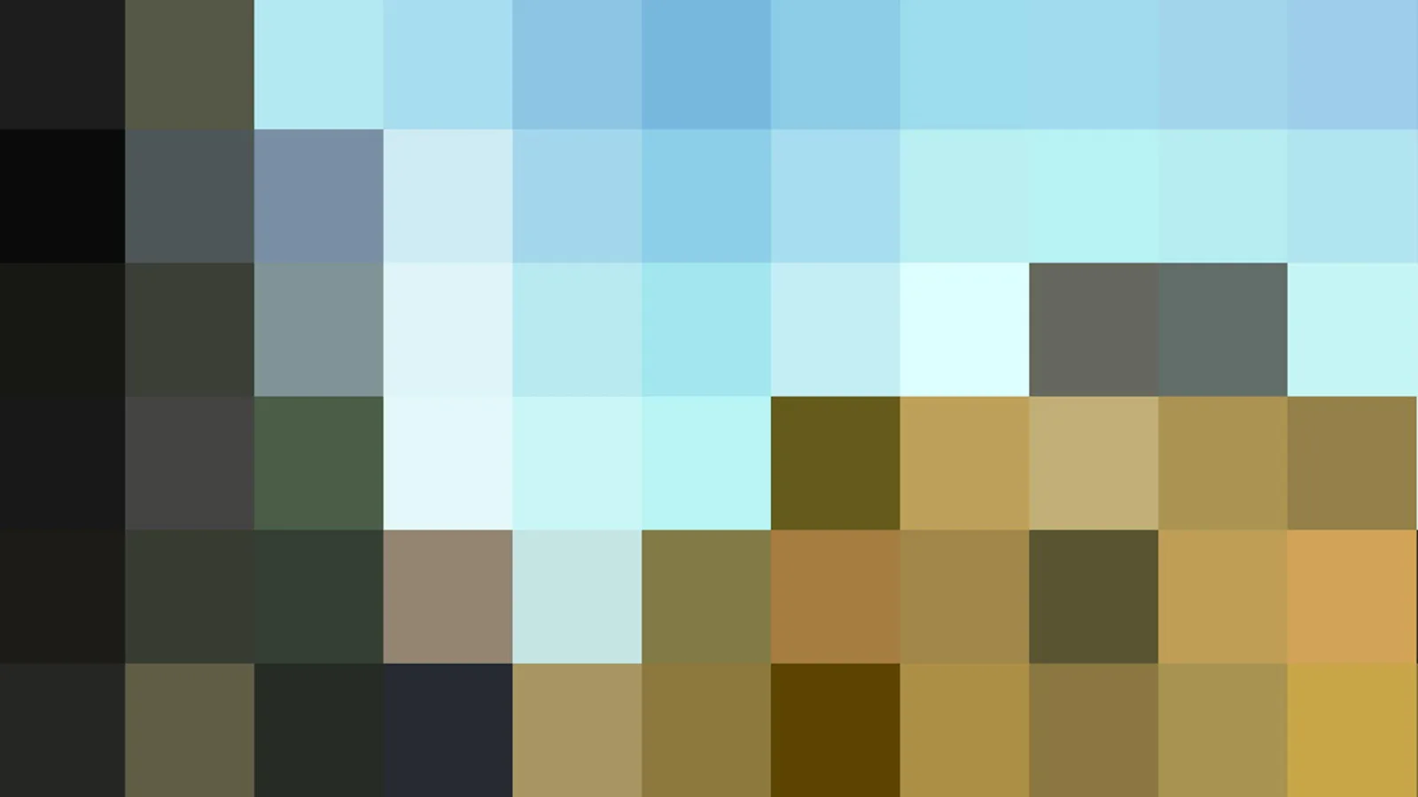 Pixeliges Mosaik aus Feldern in Hellblau oben und Ocker, Oliv und Dunkelgrün unten, mit einzelnen grauen Blöcken rechts oben.