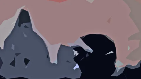 Abstrakte Komposition aus kantigen Dreiecksflächen in Rosa, Grau und Schwarz, rechts ein dunkler Block.