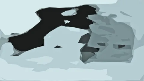 Abstrakte Komposition aus einer großen schwarzen, verwinkelten Form und hellgrauen, kantigen Flächen auf blaugrauem Grund.