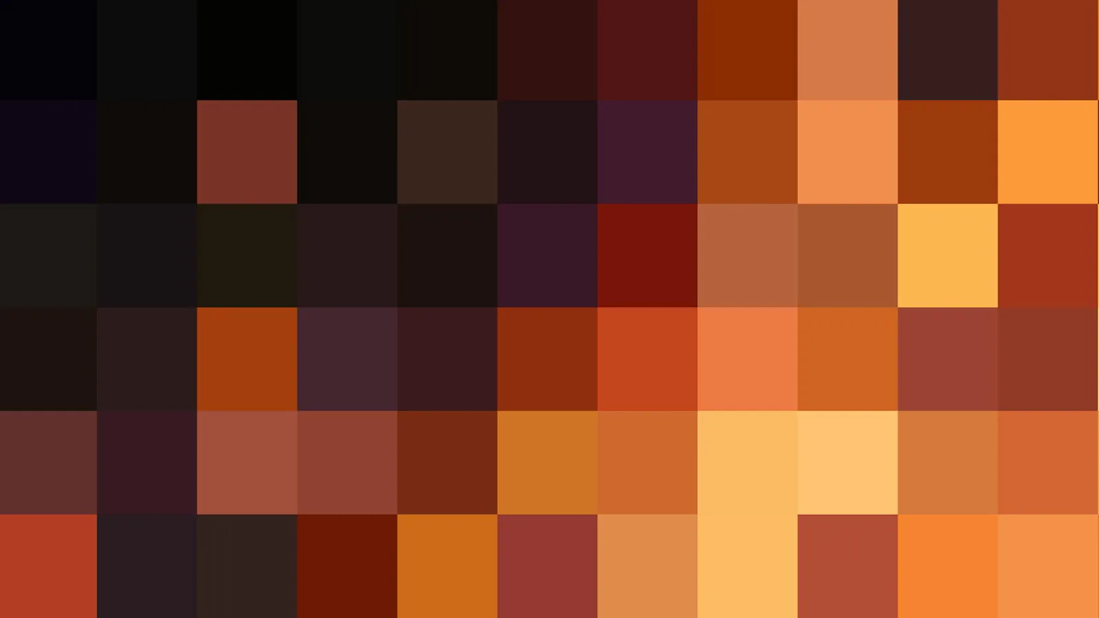 Abstraktes Mosaik aus quadratischen Pixelfeldern in Schwarz, Braun, Rot, Orange und Gelb, dunkel oben links, warm leuchtend nach unten rechts.