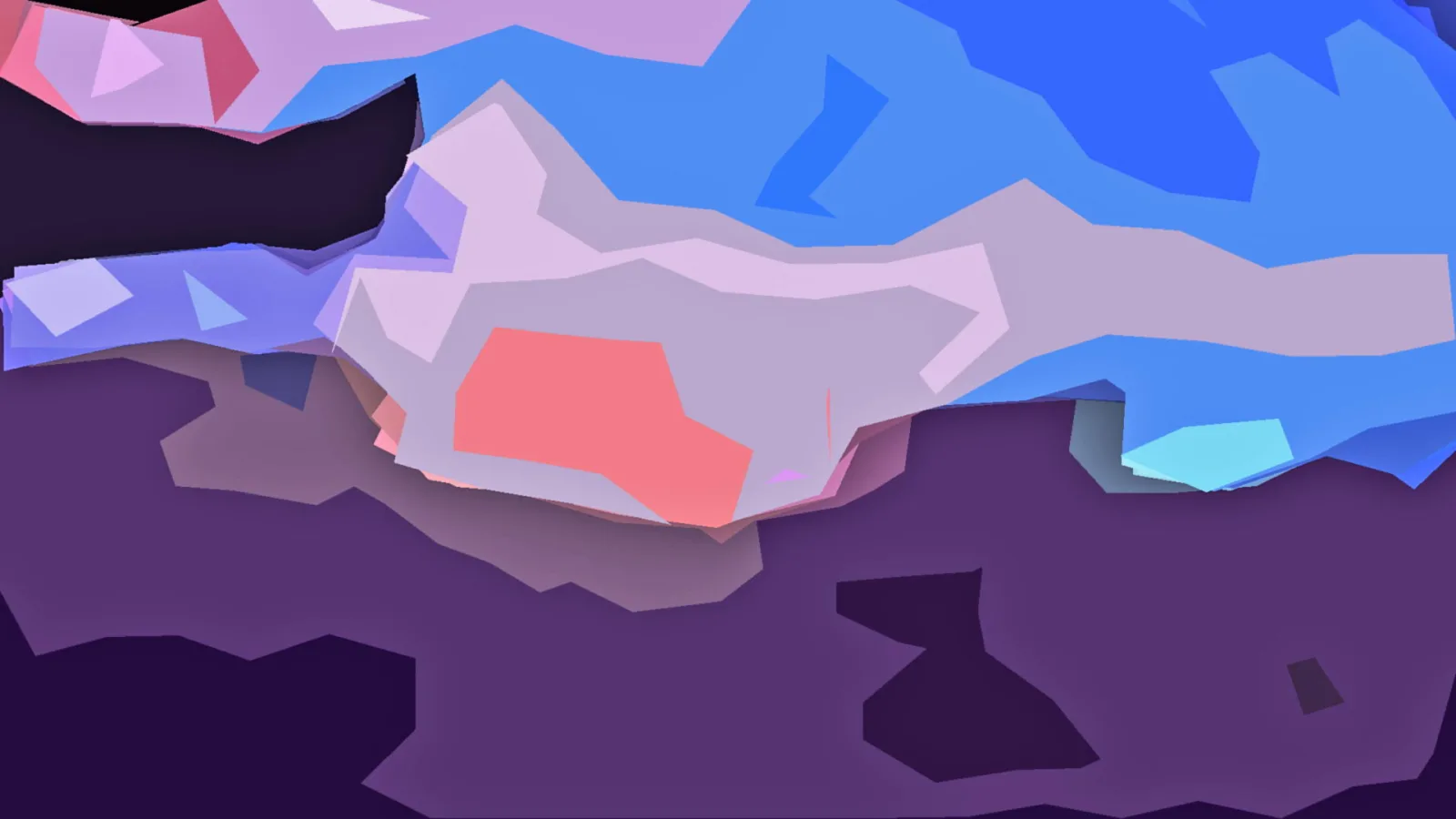 Abstrakte Komposition aus violetten, blauen und rosa Flächen mit einem korallroten Fleck in der Mitte.