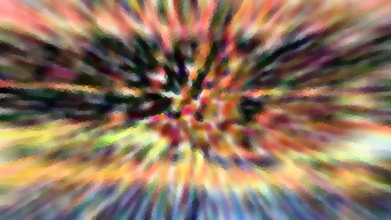 Abstrakte Komposition mit bunten, radial von der Mitte nach außen laufenden Farbstrahlen in Rot, Gelb, Grün und Violett, unscharf und mosaikartig gerastert.