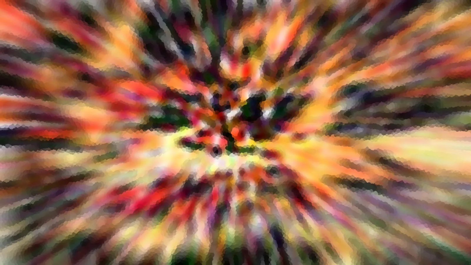 Abstrakte Komposition aus Farbstreifen in Rot, Orange, Gelb und Grün, die radial von einem dunklen Zentrum nach außen verlaufen.
