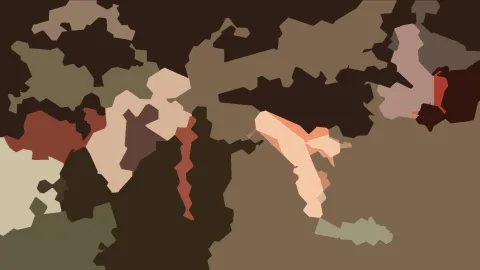 Abstraktes Muster aus unregelmäßigen Flächen in Braun, Beige, Olivgrün und Rot, mit einer hellen, geschwungenen Form in der Mitte.