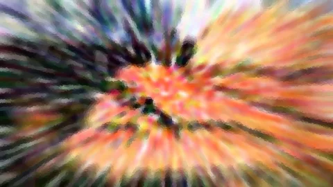 Abstrakte, radial verwischte Farbexplosion in Orange, Grün, Violett und Weiß, im Zentrum sind dunkle Umrisse zu erkennen.