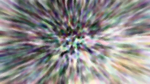 Abstraktes Bild mit Streifen, die von der Mitte nach außen strahlen, in Grün, Lila und Weiß, mosaikartig verpixelt.