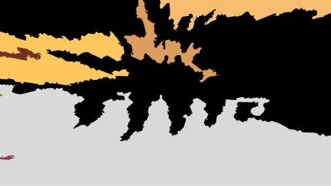 Abstrakte Komposition aus schwarzen, gelben, orangefarbenen und hellgrauen Flächen mit zackigen Rändern.
