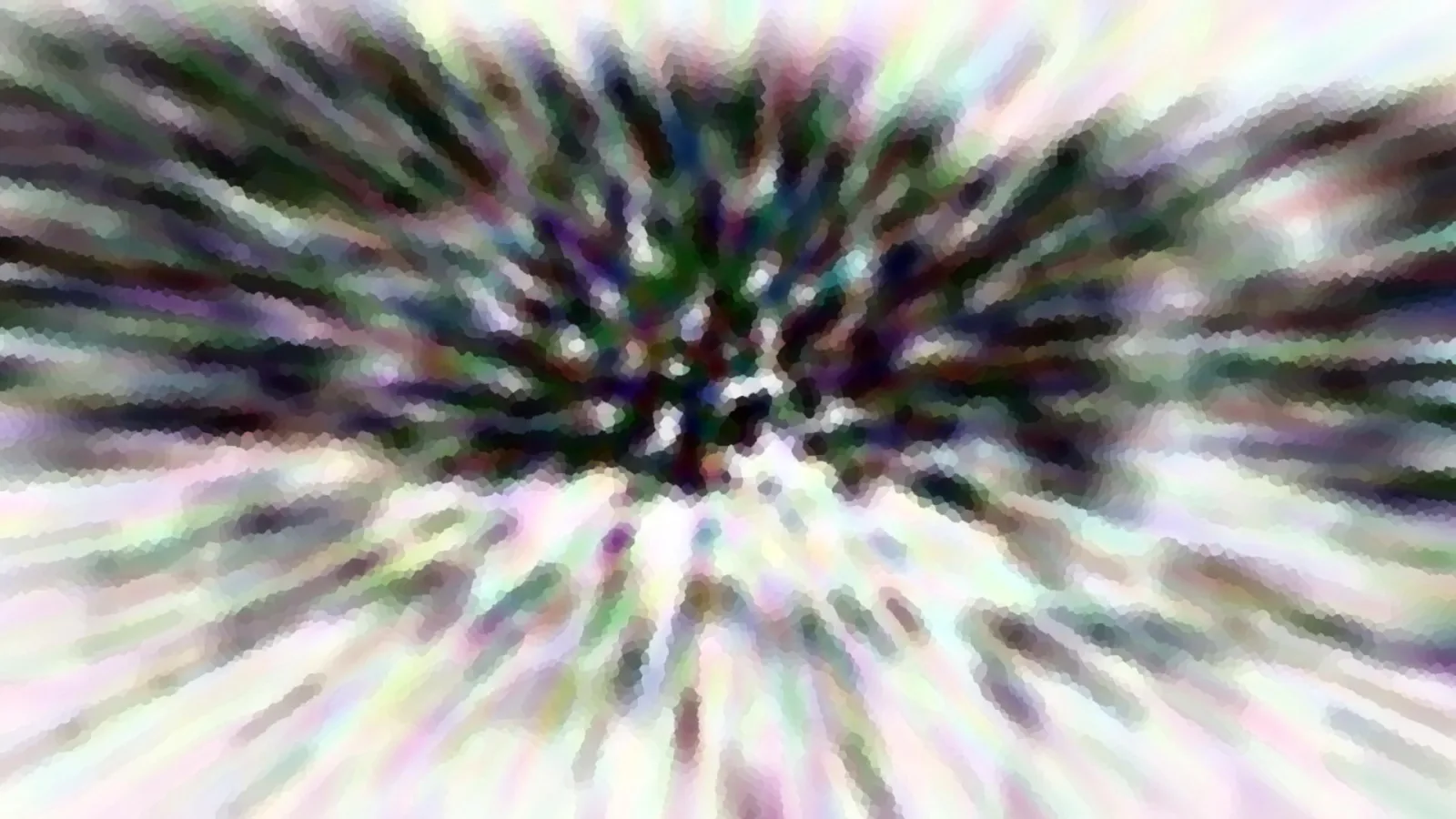 Abstrakte Komposition aus bunten, radial verwischten Streifen und Pixelmosaik, die von einem dunklen Zentrum nach außen in helle Pastelltöne auslaufen.