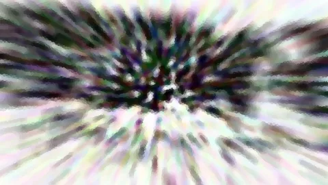Abstrakte Komposition aus bunten, radial verwischten Streifen und Pixelmosaik, die von einem dunklen Zentrum nach außen in helle Pastelltöne auslaufen.