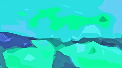 Abstrakte Komposition aus kantigen Flächen in Türkis, Grün und Blau, unten dunkle Blau- und Grüntöne wie in einer Berglandschaft.