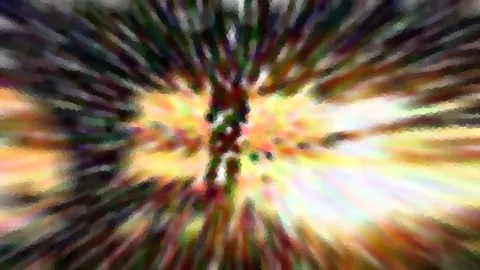 Abstrakte Komposition aus radial verlaufenden, bunten Farbstreifen mit pixeligem Mosaik-Effekt, um eine dunkle vertikale Form in der Mitte.