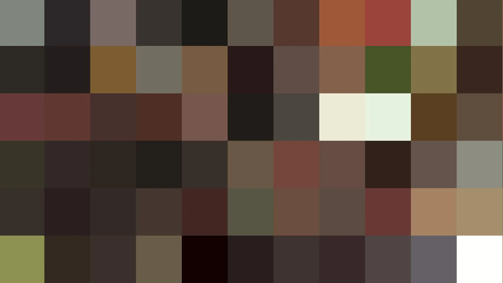 Mosaik aus quadratischen Farbblöcken in Braun, Oliv, Dunkelrot und Beige, unten rechts ein weißer Block.