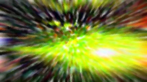 Abstraktes Bild mit radial von der Mitte nach außen verlaufenden Streifen in Grün, Gelb, Rot und Dunkelgrau, im Zentrum hell leuchtend