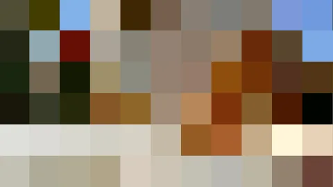Mosaik aus quadratischen Farbfeldern in Braun, Beige, Grau und Blau, in fünf Zeilen angeordnet