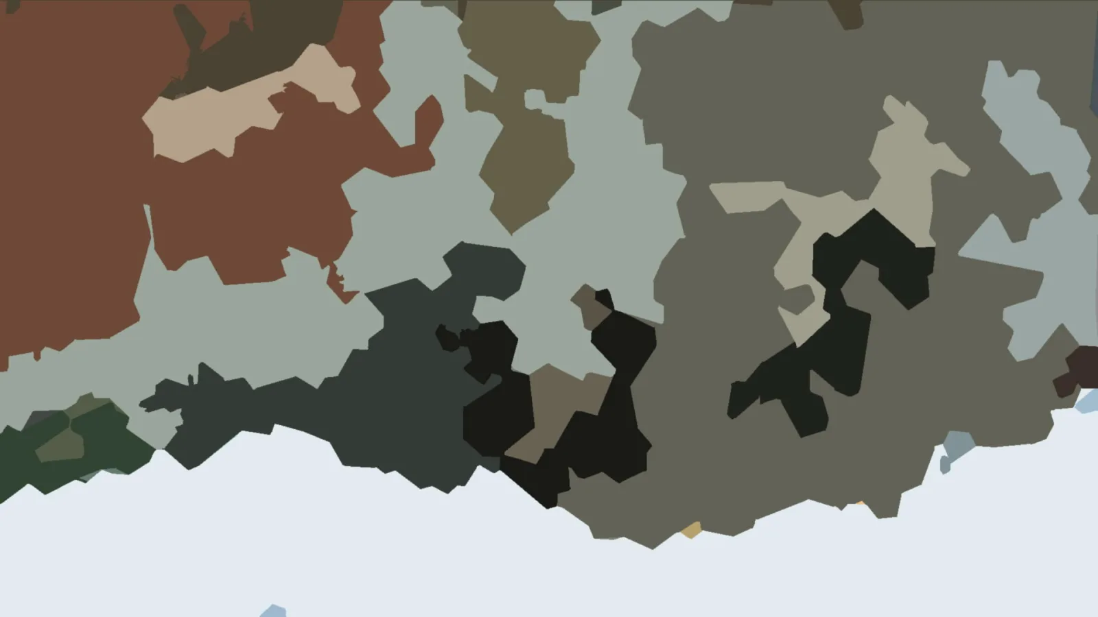Abstrakte Komposition aus unregelmäßigen Farbflächen in Braun, Grau, Schwarz, Dunkelgrün und Hellblau, unten ein heller Streifen.